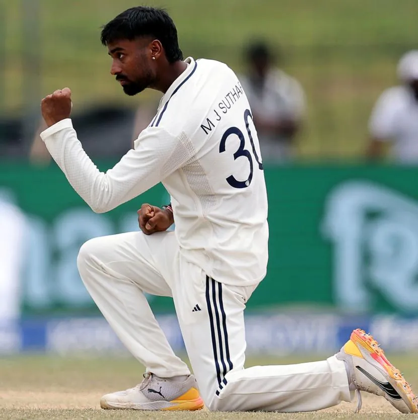 Manav Suthar celebrates the wicket of Keshara Nuwantha