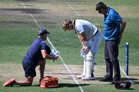 Will Pucovski after being struck by a delivery during the Sheffield Shield in 2024.